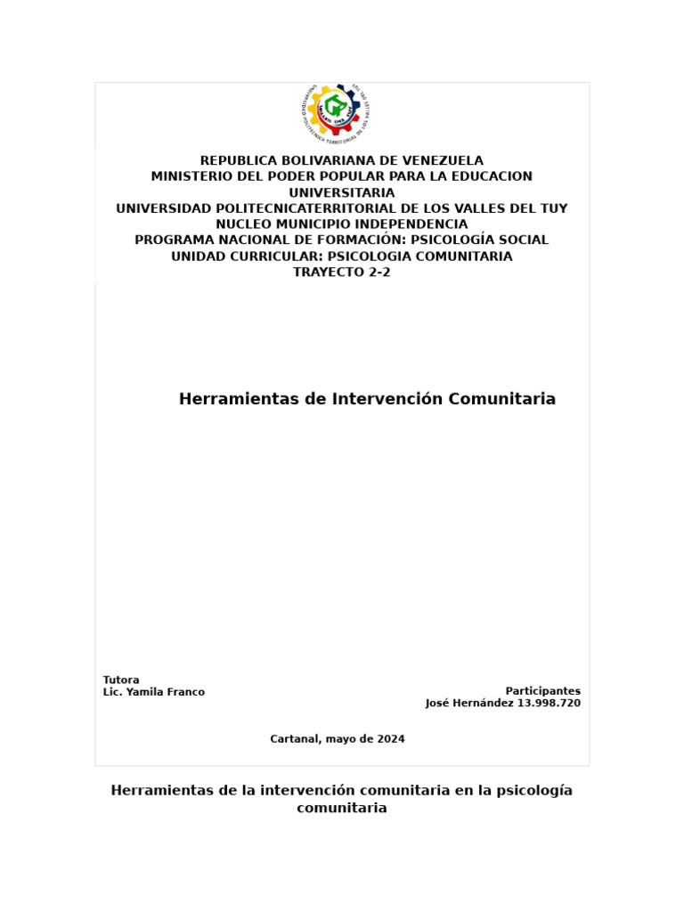 Herramientas de Intervención en Psicología Comunitaria | PDF | Capital ...