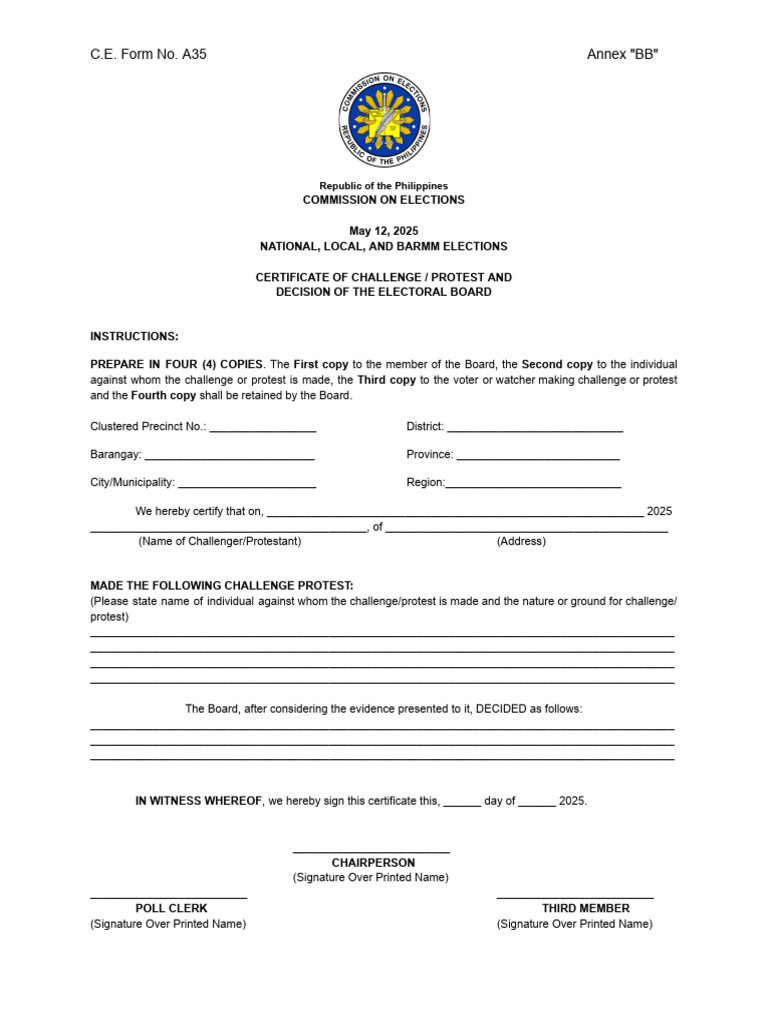 Certificate of Challenge/Protest Form | PDF | Parliamentary Procedure ...