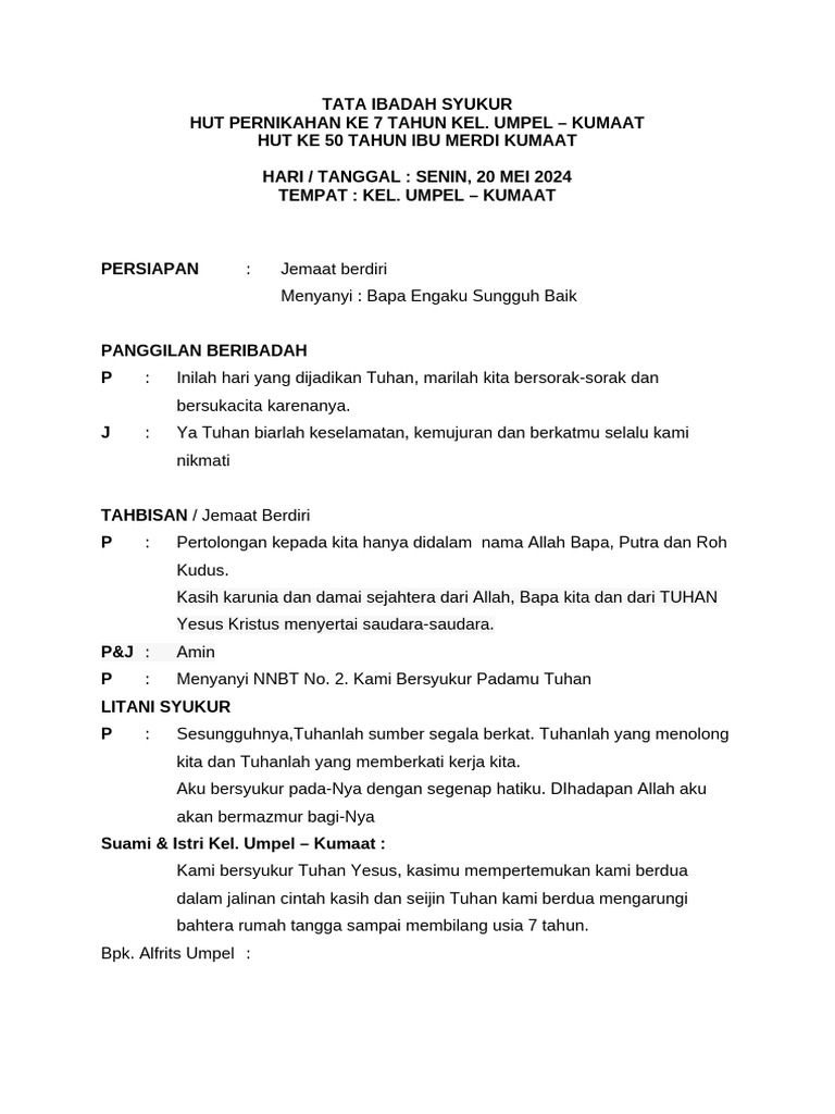 Ibadah Syukur HUT Pernikahan Umpel | PDF