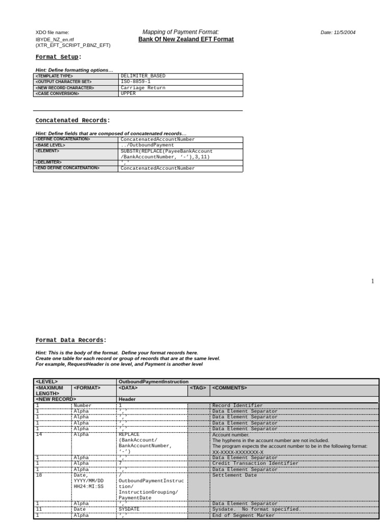 BNZ EFT Format Mapping Guide | PDF | Payments | Numbers