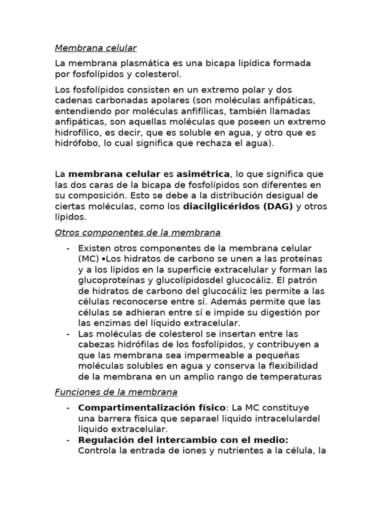 Estructura y funciones de la membrana celular | PDF | Membrana celular ...