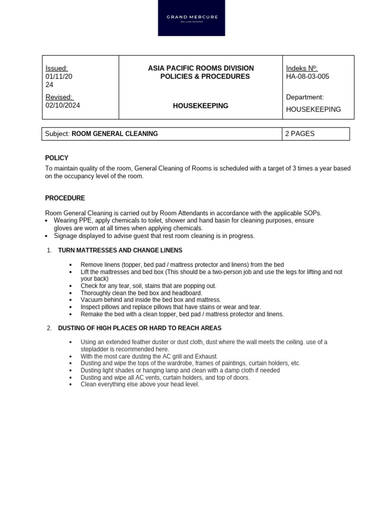 Room General Cleaning Procedures | PDF | Bed | Window