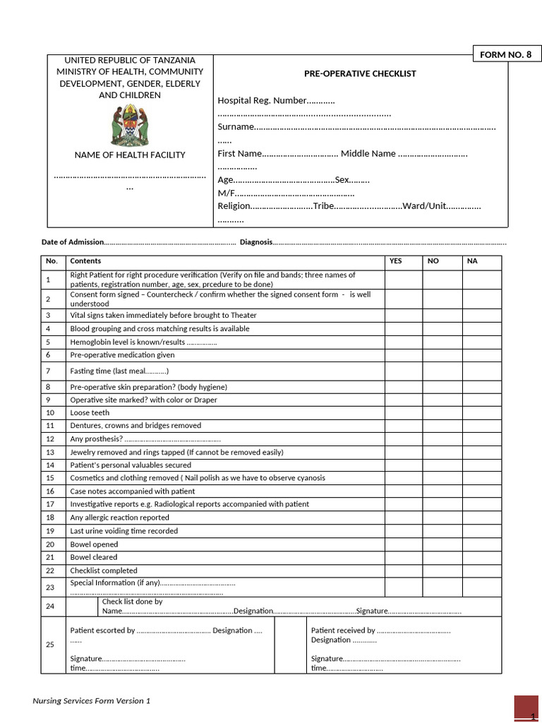 Pre Operative Nursing Checklist | PDF | Clinical Medicine | Health Care