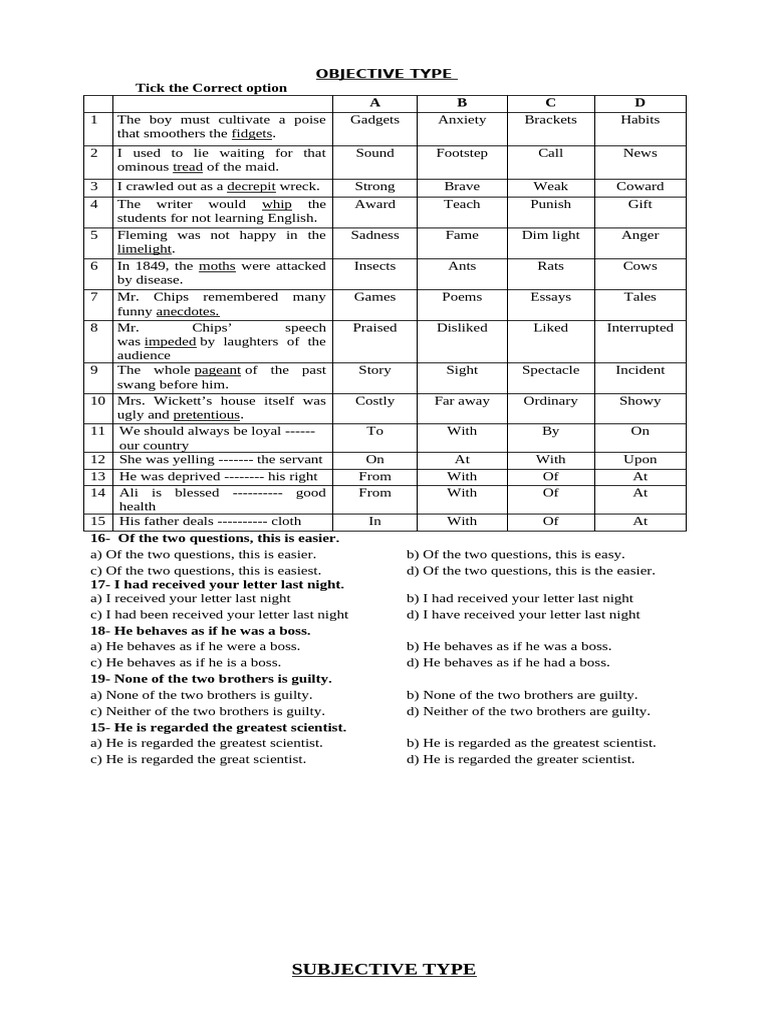 Objective and Subjective English Questions | PDF