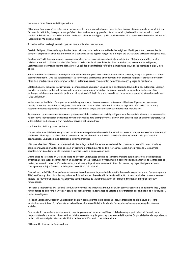Mamaconas y Amautas en el Imperio Inca | PDF | Imperio Inca | Sabiduría