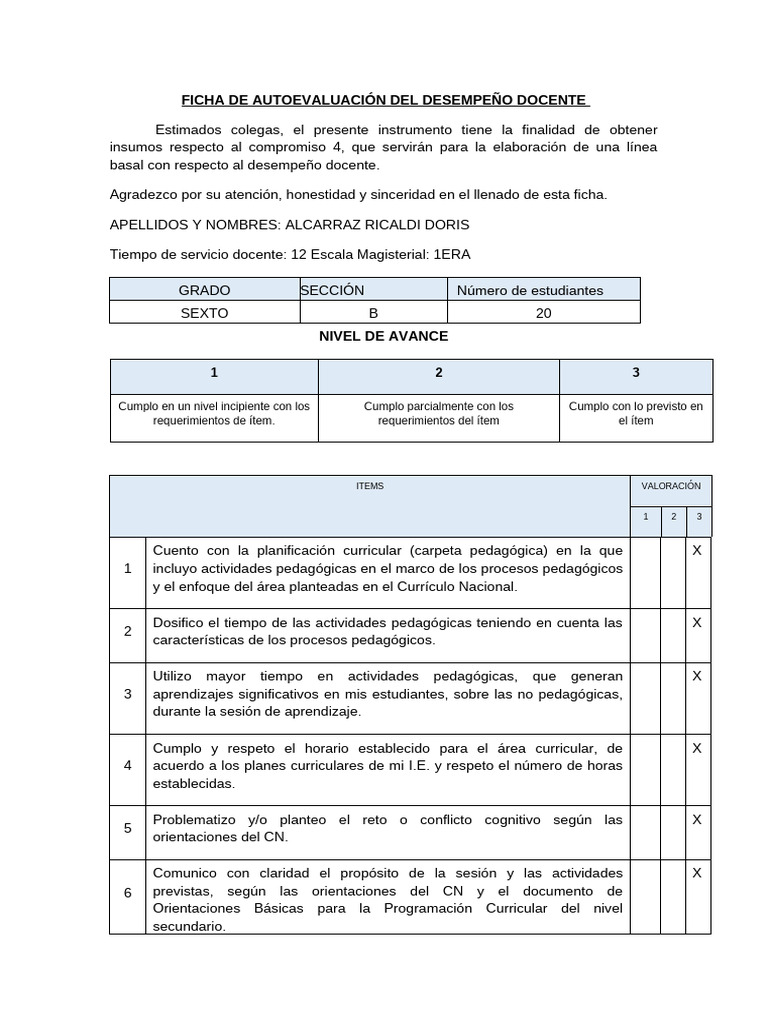 FICHA DE AUTOEVALUACIÓN DEL DESEMPEÑO DOCENTE | PDF | Aprendizaje ...