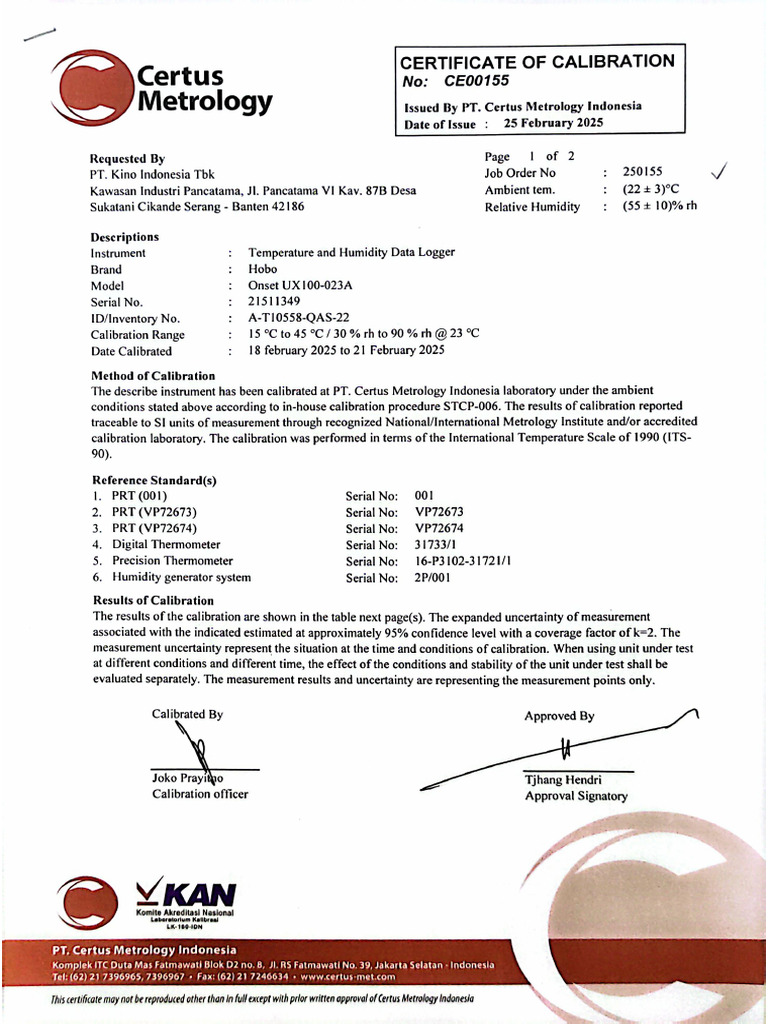 Sertifikat Kalibrasi STD Thermo Humidity T10558 2025 | PDF