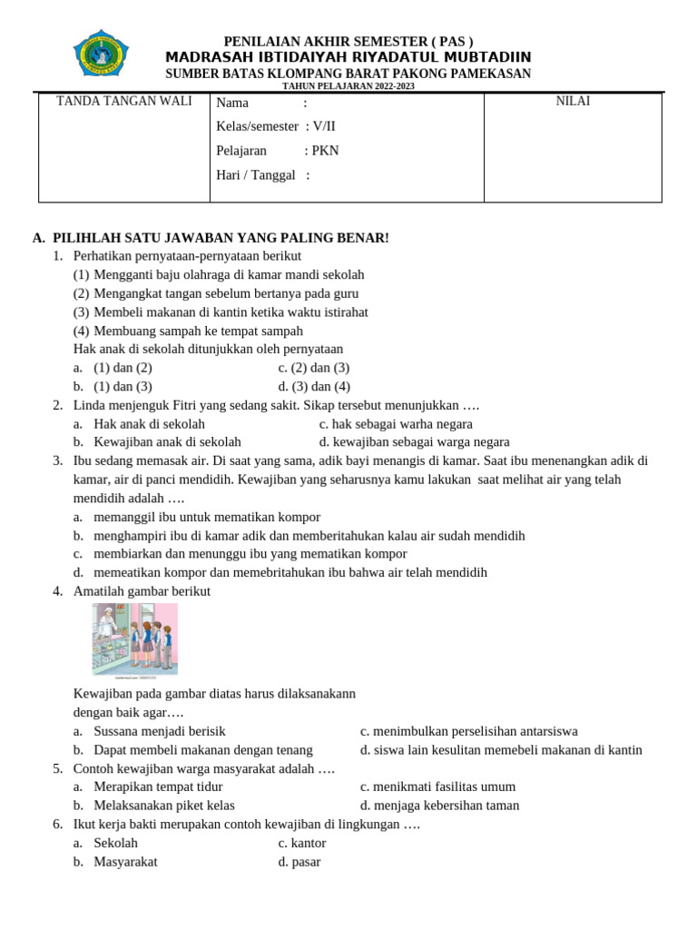 Soal PKN Kelas 3 Semester 1 | PDF