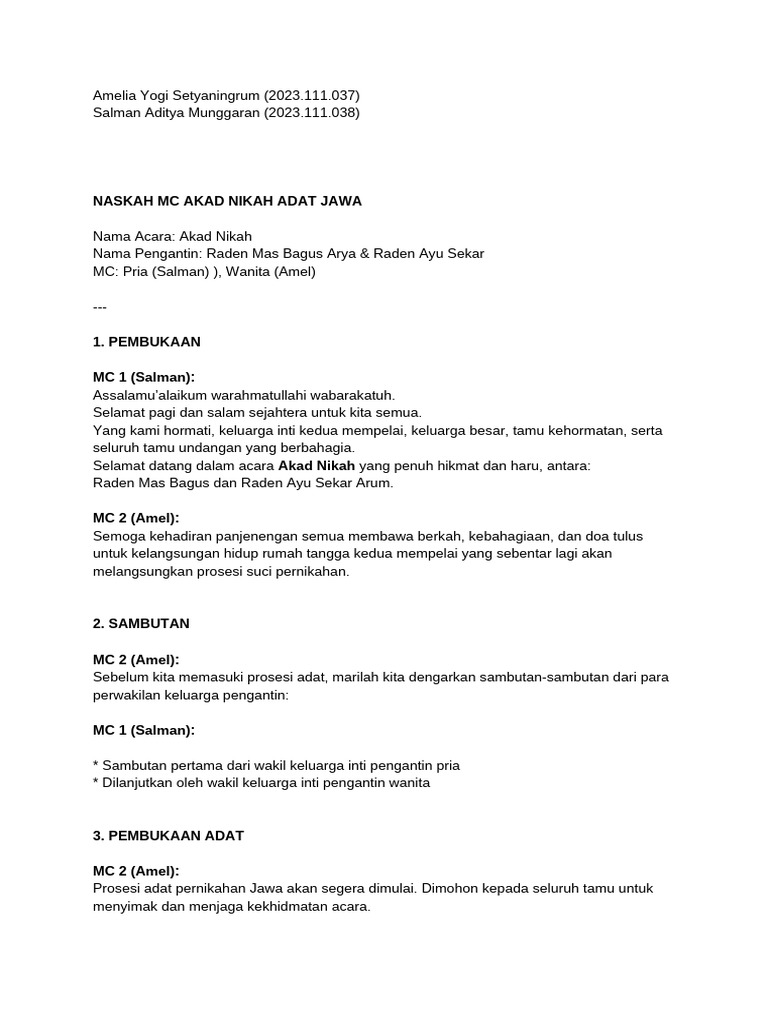 Script MC Public Speaking - Akad Nikah - Amelia (037) Salman | PDF