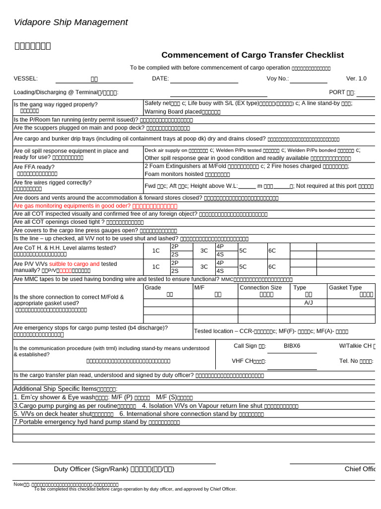Cargo Transfer Safety Checklist | PDF | Ships | Water Transport