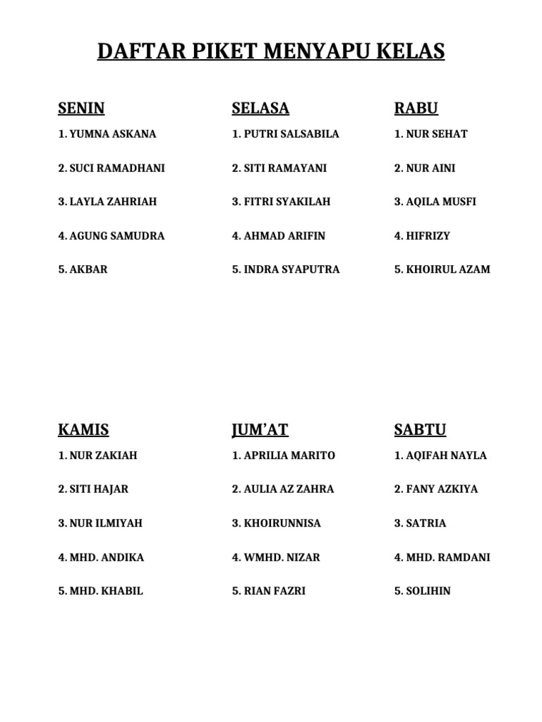 Roster Piket Menyapu Kelas Siswa | PDF