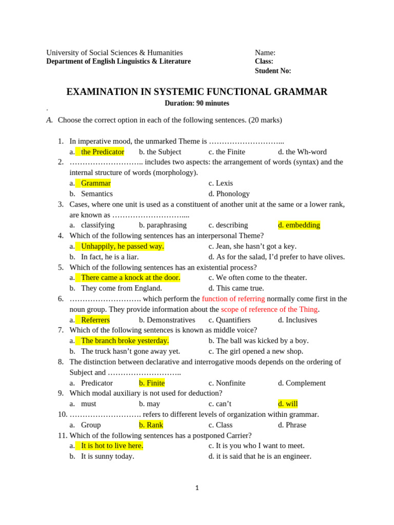 Systemic Functional Grammar Exam | PDF | Verb | Grammar