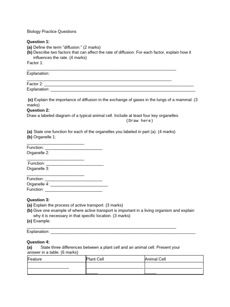 Biology Practice Questions and Answers | PDF | Cell (Biology) | Osmosis
