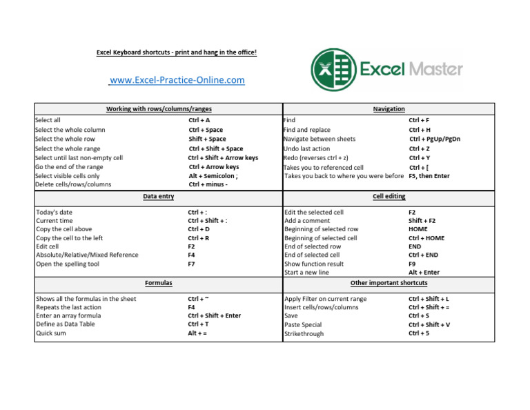 Essential Excel Keyboard Shortcuts Guide | PDF | Control Key | Text