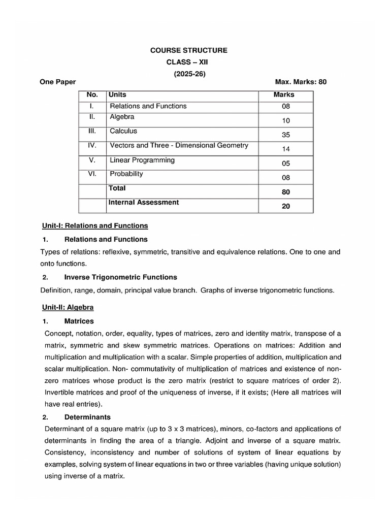 Class 12 Maths Syllabus 2025-26 | PDF | Matrix (Mathematics ...
