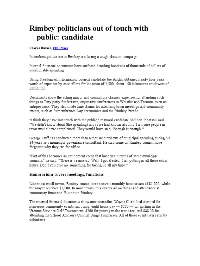 Rimbey Politicians Out of Touch With Public: Candidate: Charles Rusnell ...