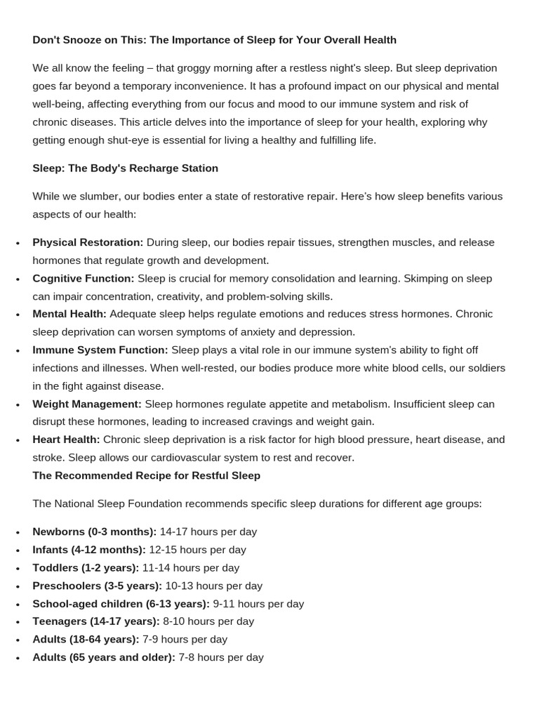 Importance of Sleep for Health | PDF | Sleep | Sleep Deprivation