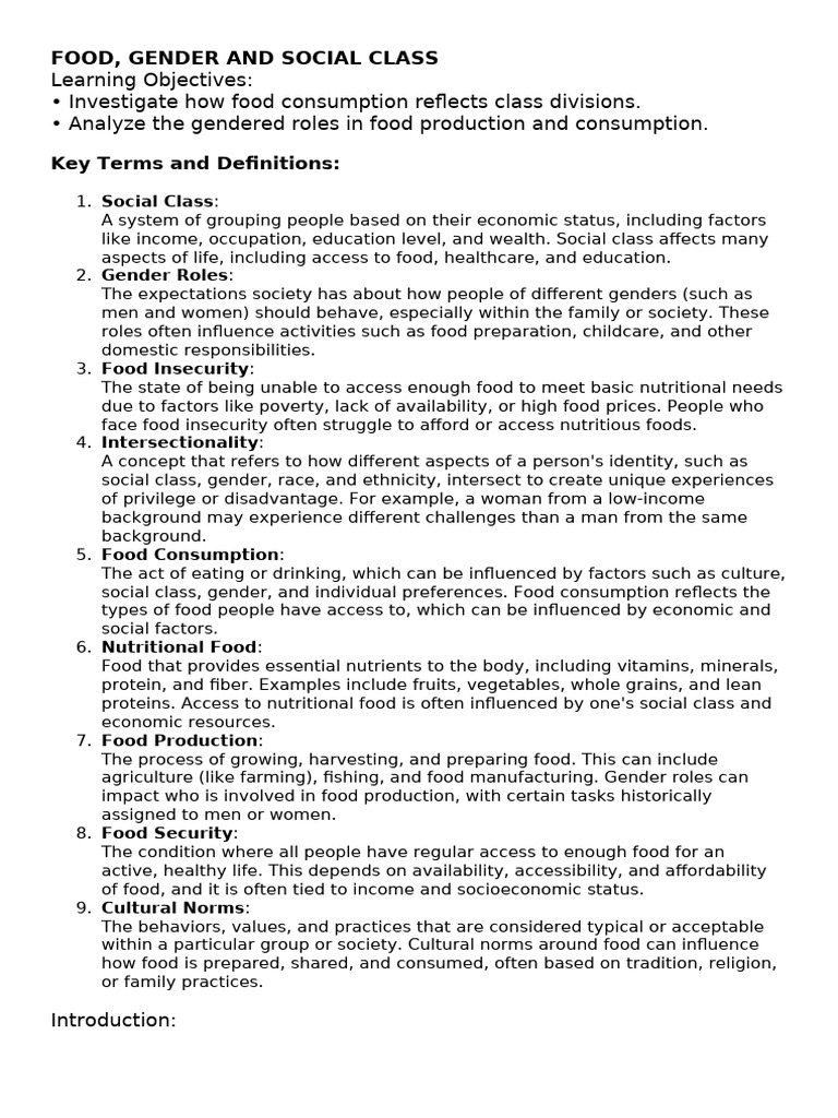 Food, Gender, and Class Dynamics | PDF | Food Security | Society