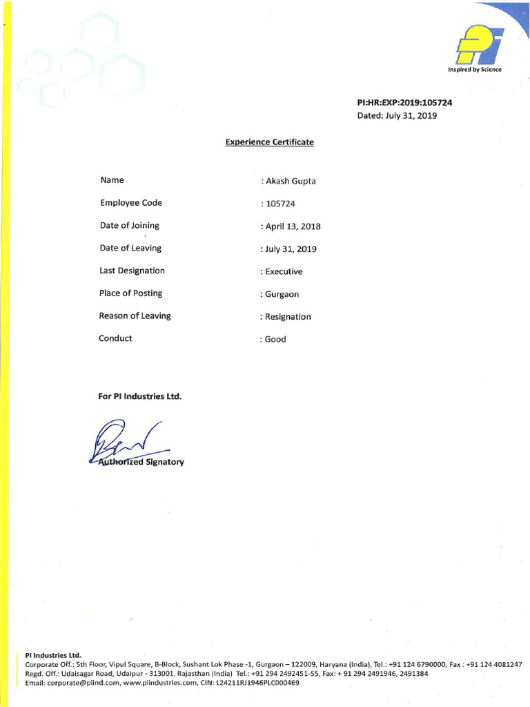 PI Experience Letter | PDF