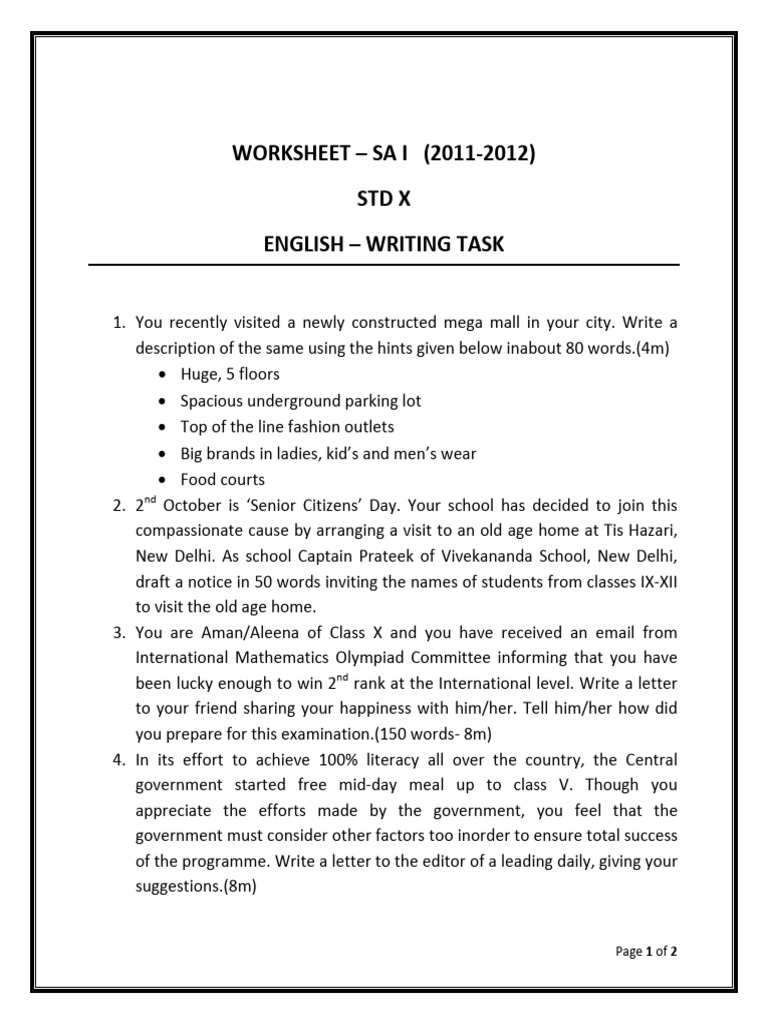 English Writing Tasks for Class X | PDF