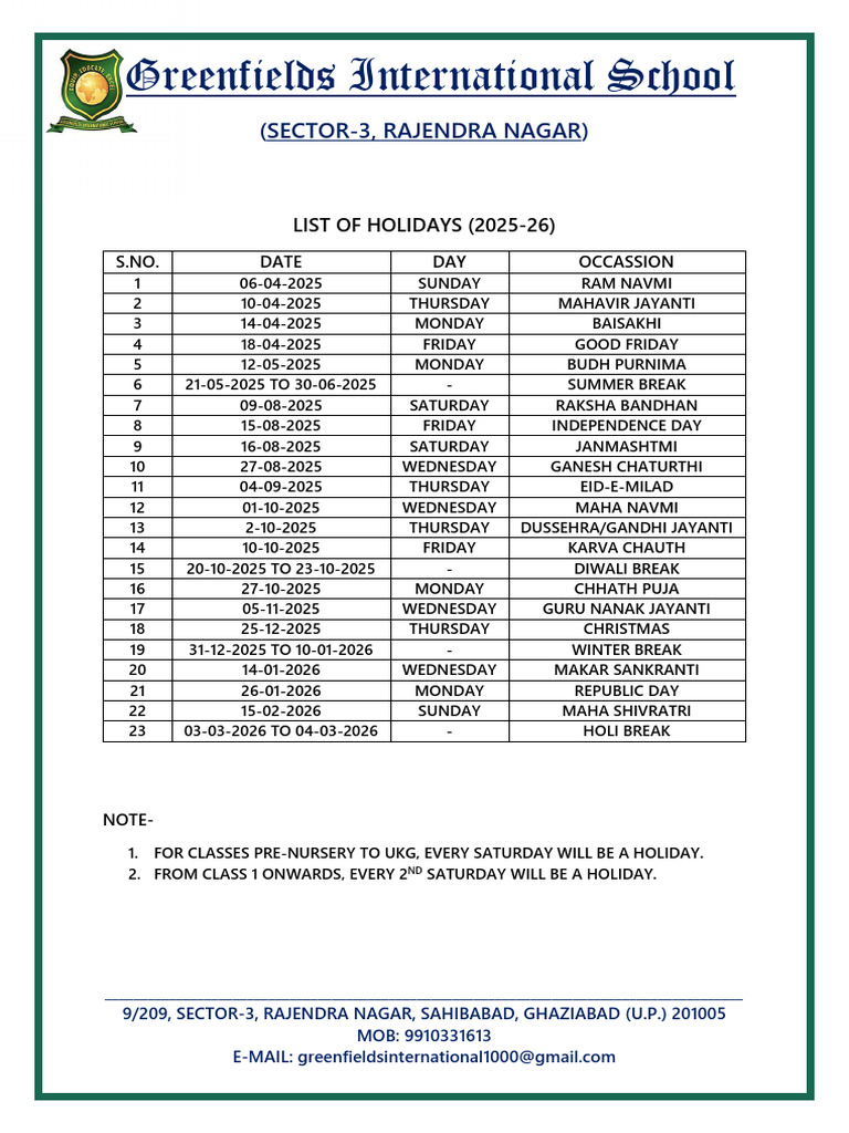 Greenfields School Holiday Calendar 2025-26 | PDF