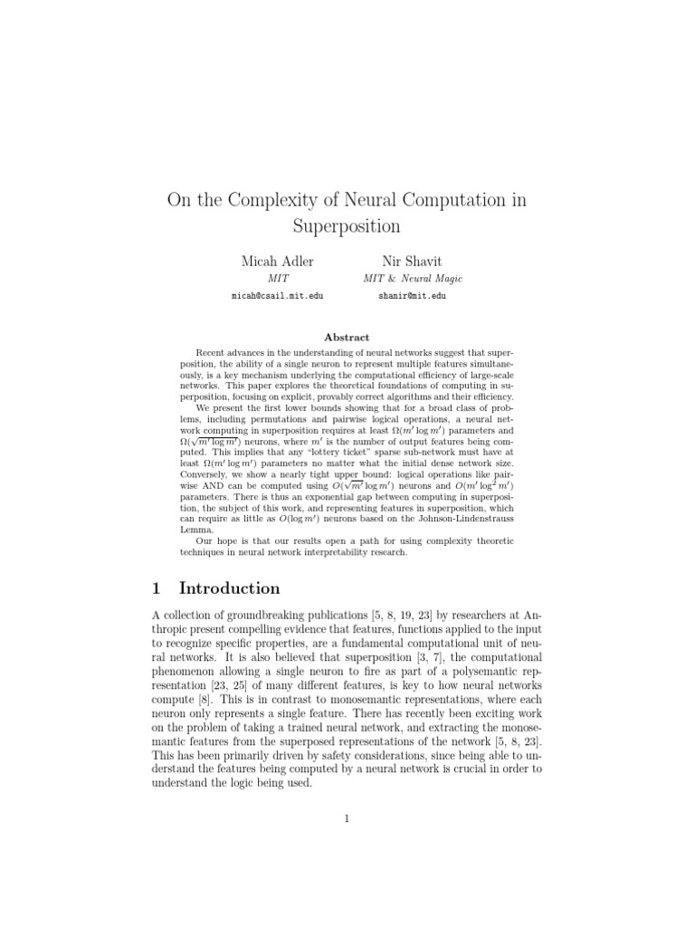 Neural Networks and Superposition Complexity | PDF | Computational ...