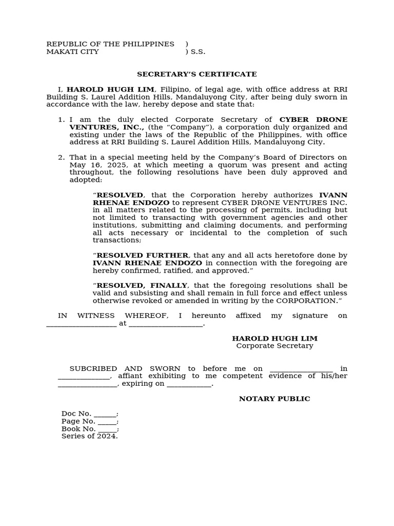 Corporate Secretary's Certificate | PDF