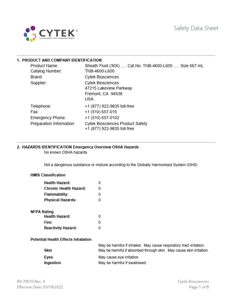 cFluor™ Sheath Fluid Safety Data Sheet | PDF | Personal Protective ...