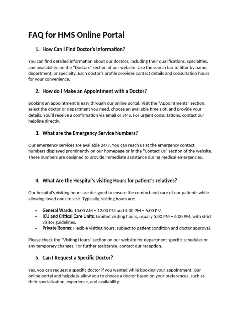 HMS Online Portal FAQ Guide | PDF | Payments | Hospital