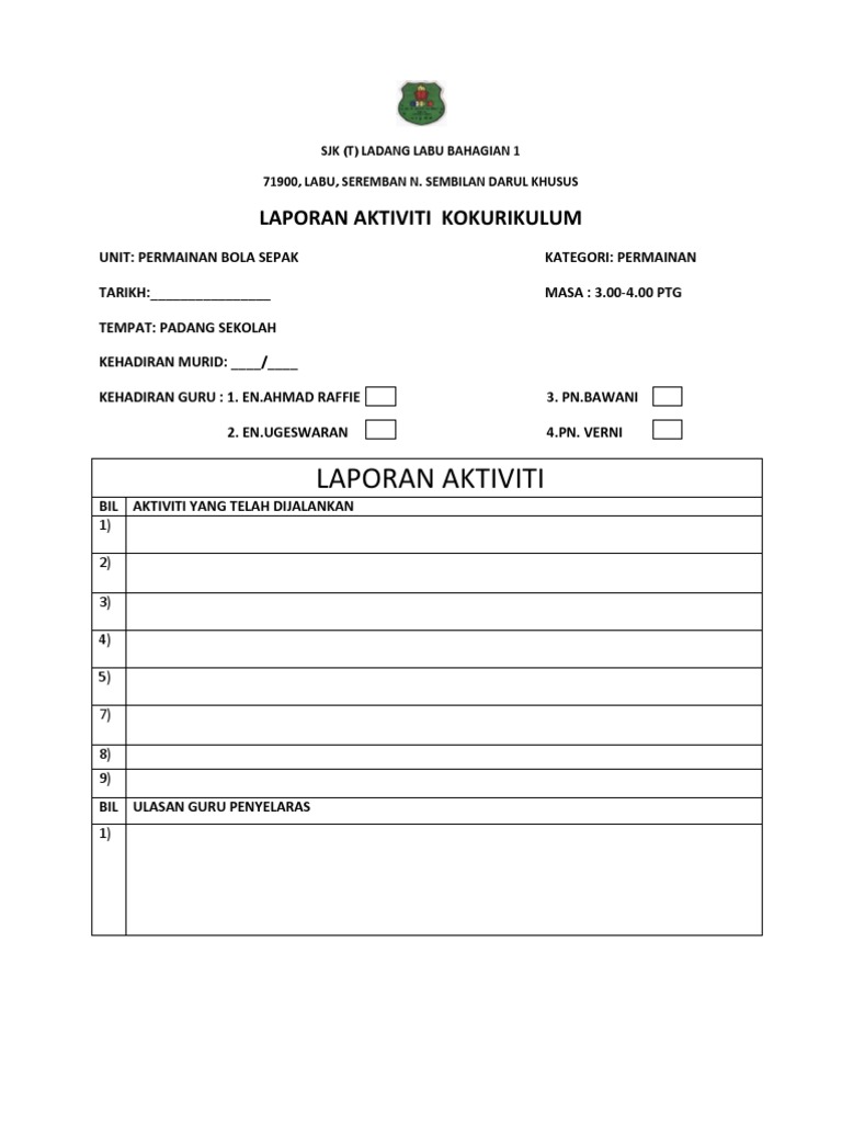 Borang Laporan Aktiviti Kokurikulum 2012