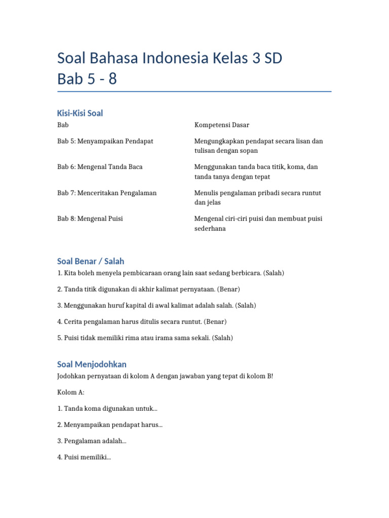 Soal Bahasa Indonesia Kelas 3 SD Bab 5-8 | PDF