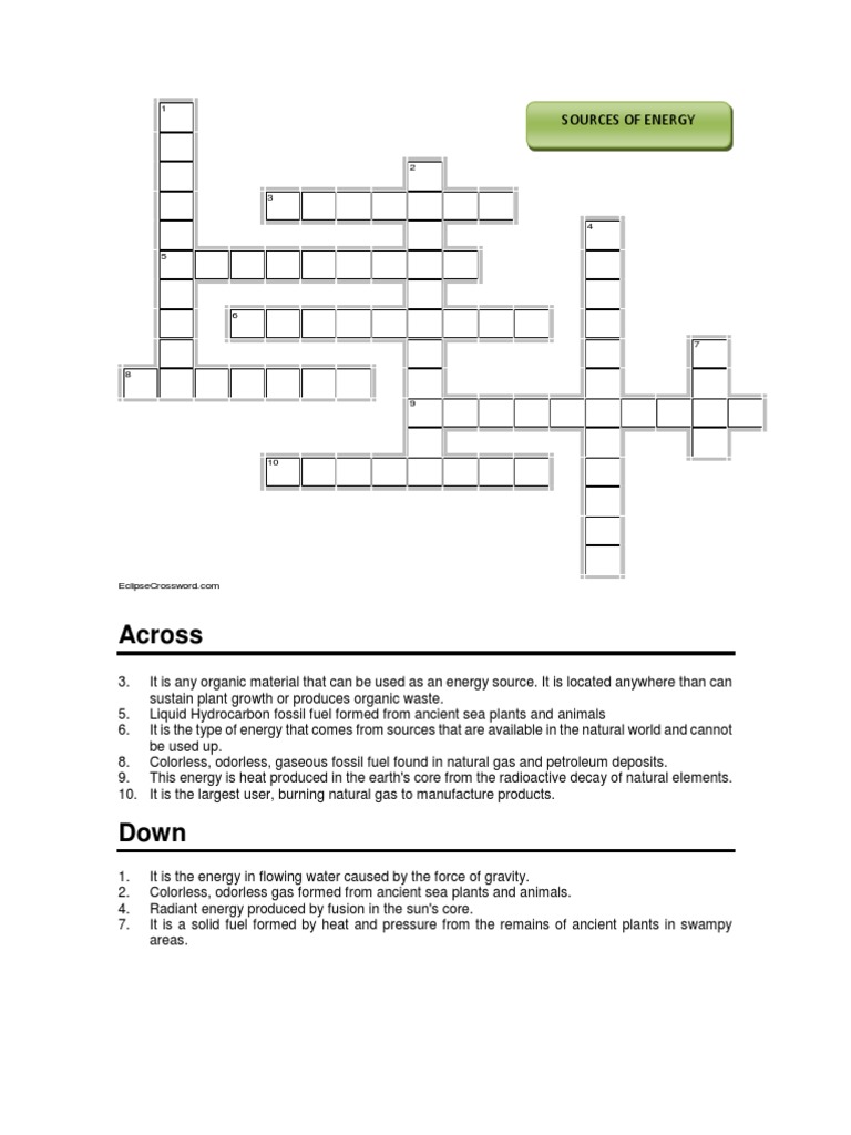 Sources of Energy Crossword Puzzle