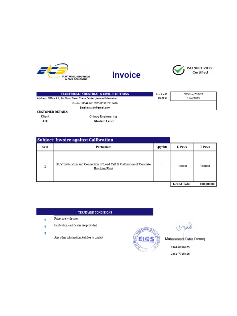 Calibration Invoice for Chinoy Engineering | PDF