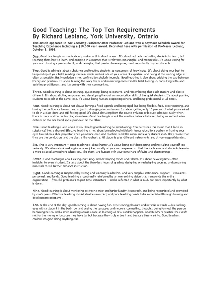 Top 10 Good Teaching Requirements PDF Cognition Psychological