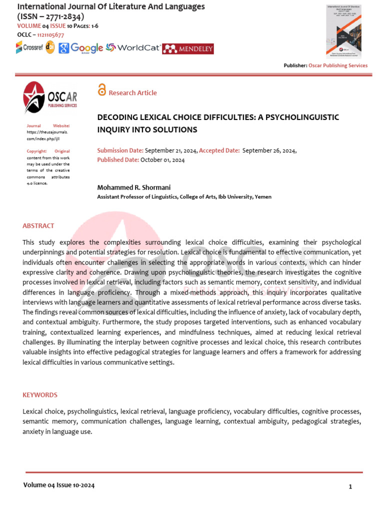 Decoding Lexical Choice Difficulties: A Psycholinguistic Inquiry Into ...