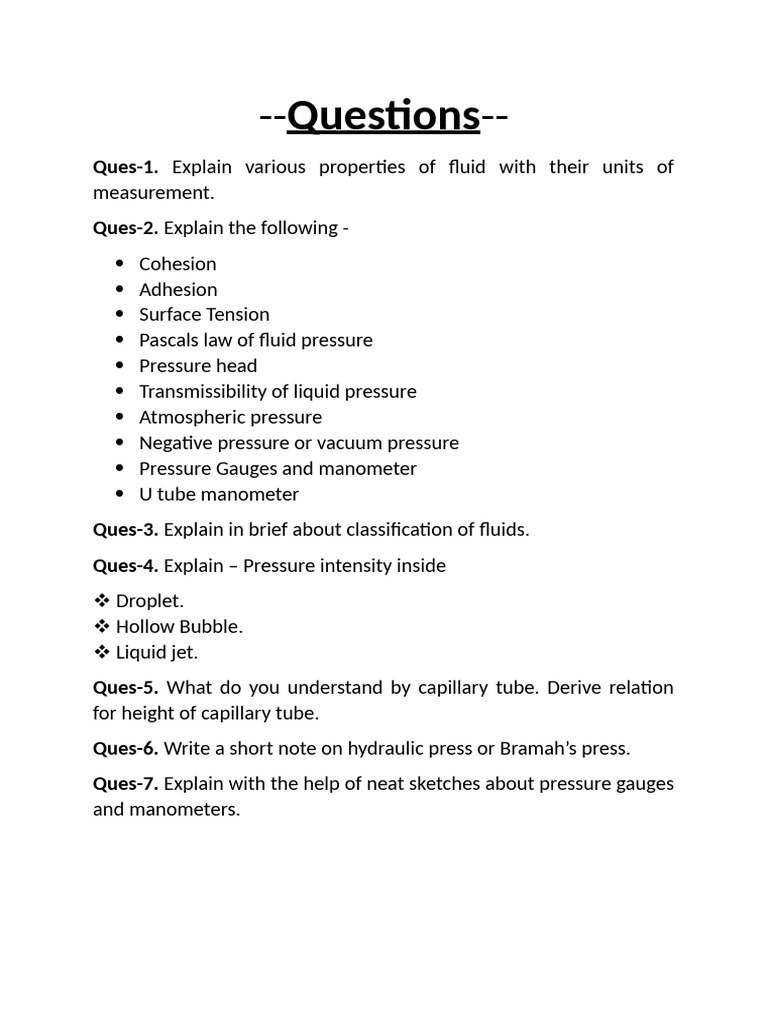 Fluid Mecahanics Questions 1 | PDF