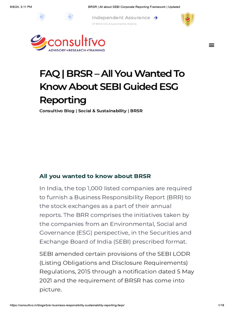 BRSR: Guide to SEBI ESG Reporting | PDF | Economy And The Environment ...