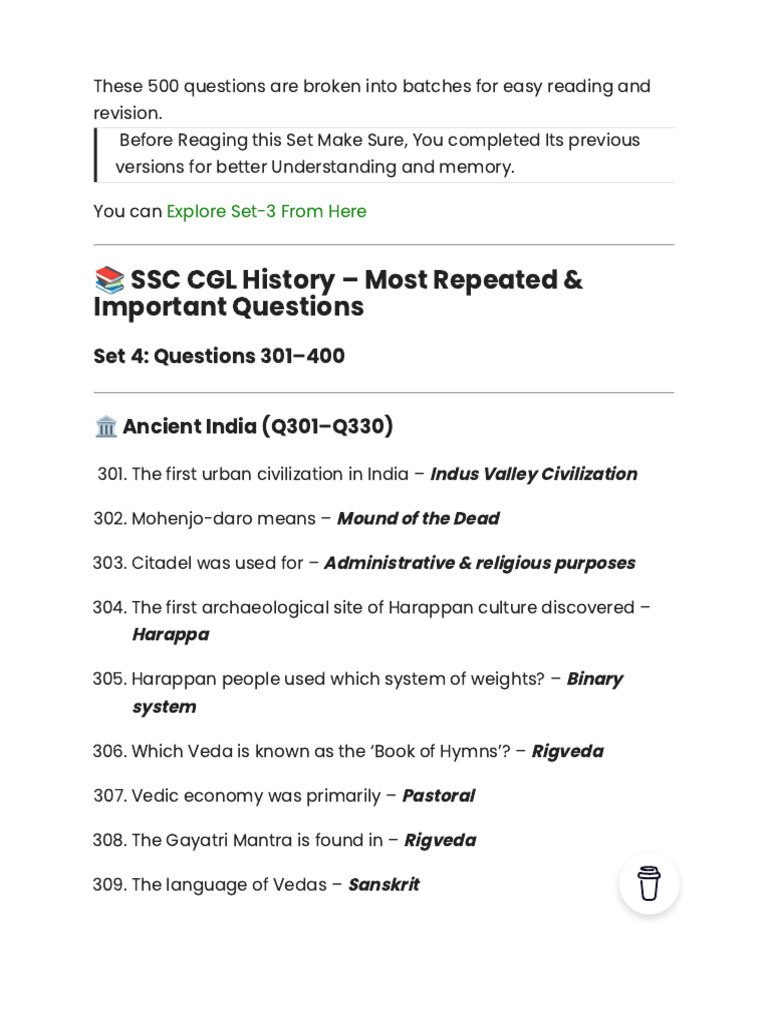SSC CGL History Questions Set 4 | PDF | Vedas