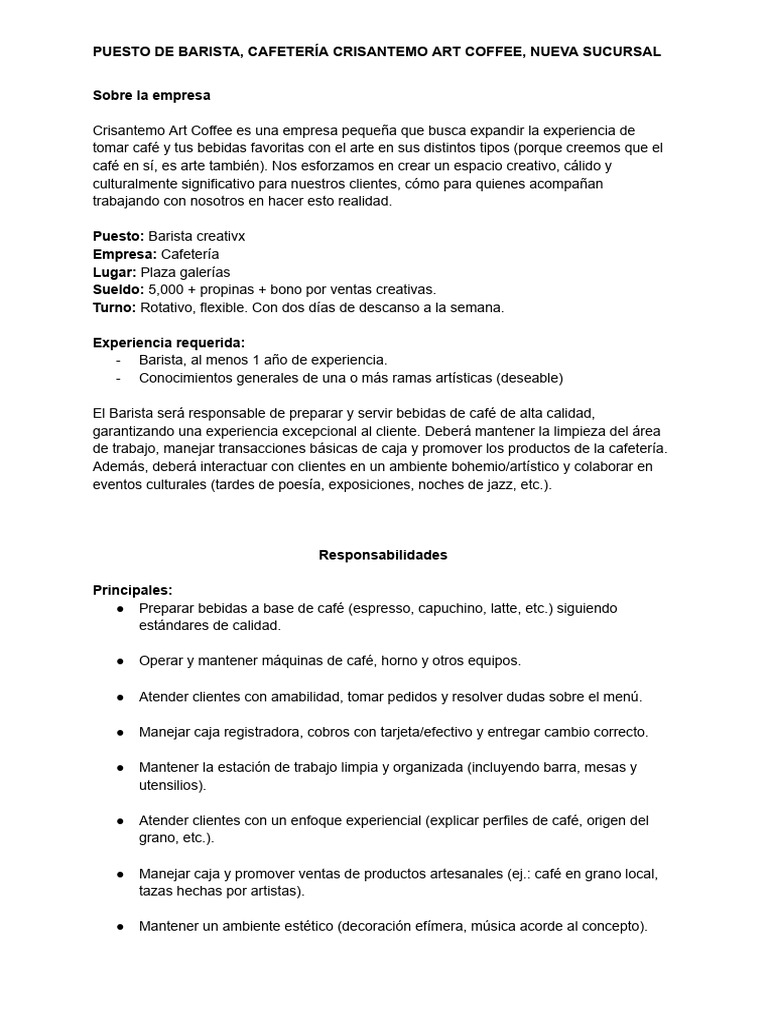 Analisis de Puesto Barista | PDF | café