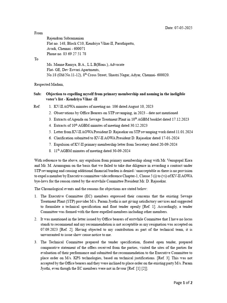 Rajendran C10-148 - Objection To Expulsion From Membership | PDF ...