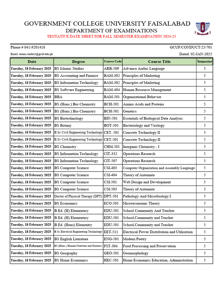 GCUF Fall 2024-25 Exam Date Sheet | PDF | Bachelor Of Science | Science