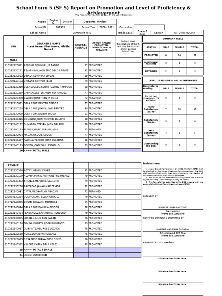 Grade 7 Promotion Summary Report | PDF