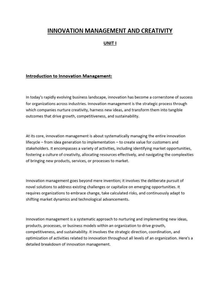 Innovation Management and Creativity Unit 1 | PDF | Innovation | Creativity