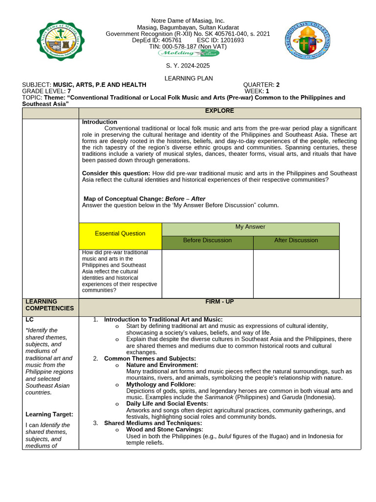 Grade 7 Music and Arts Learning Plan | PDF | Southeast Asia | The Arts