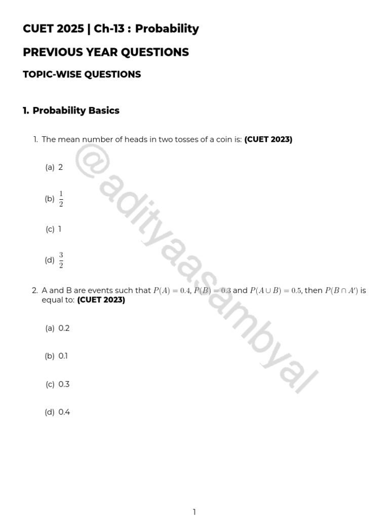CUET 2025 Probability Questions Guide | PDF | Probability | Random Variable
