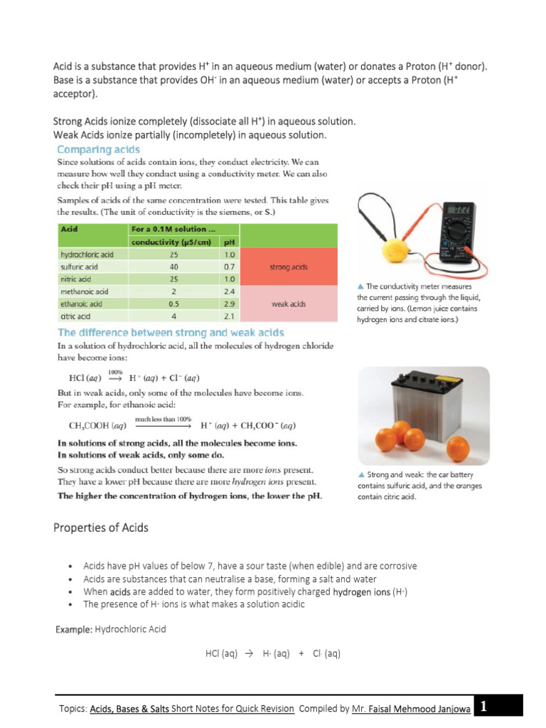 Acids, Bases & Salts Revision Notes | PDF | Ph | Acid