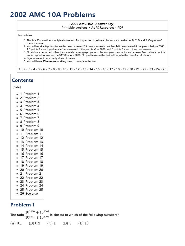 2002 AMC 10A Problem Solutions | PDF | Area | Circle