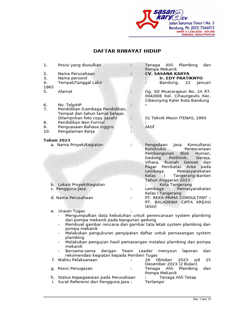 Daftar Riwayat Hidup Edy Pratiknyo (Plambing) | PDF