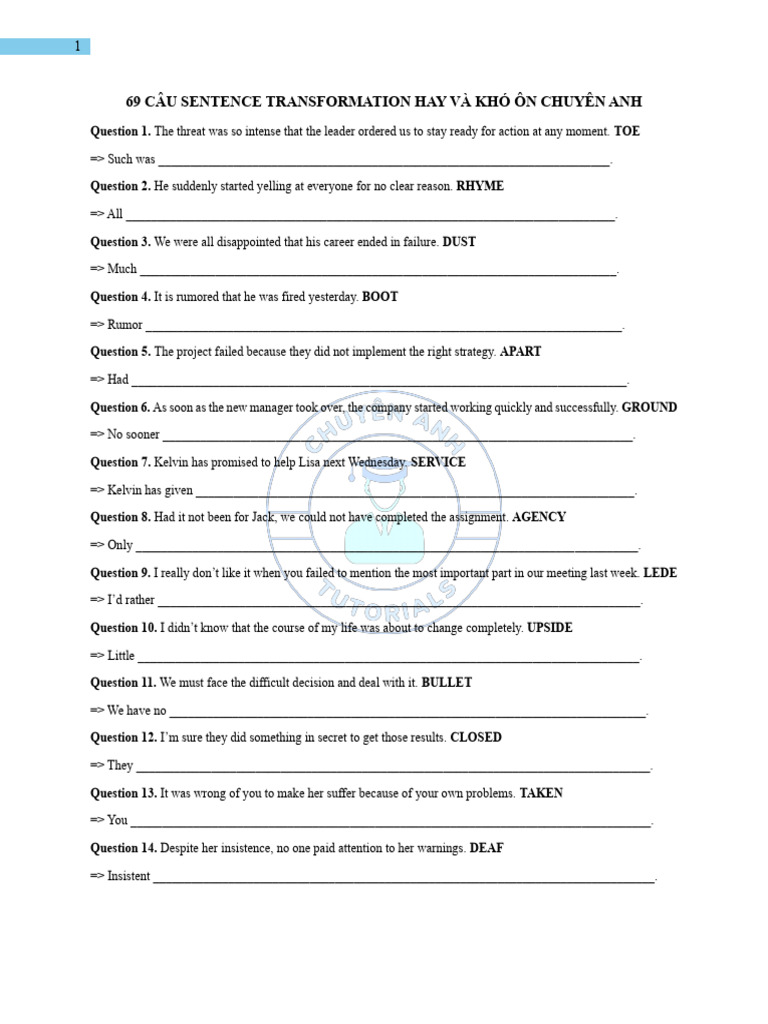 Sentence Transformation Exercises for English | PDF
