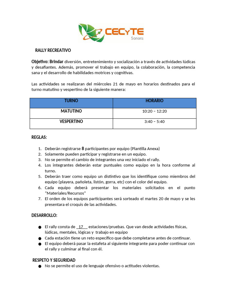 Rally Recreativo: Diversión y Competencia | PDF